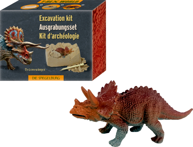 Gezeigt wird das T-Rex World Mini-Ausgrabungsset Dino-Figur. Das Set besteht aus Werkzeugen und einer kleinen Dino-Figur.