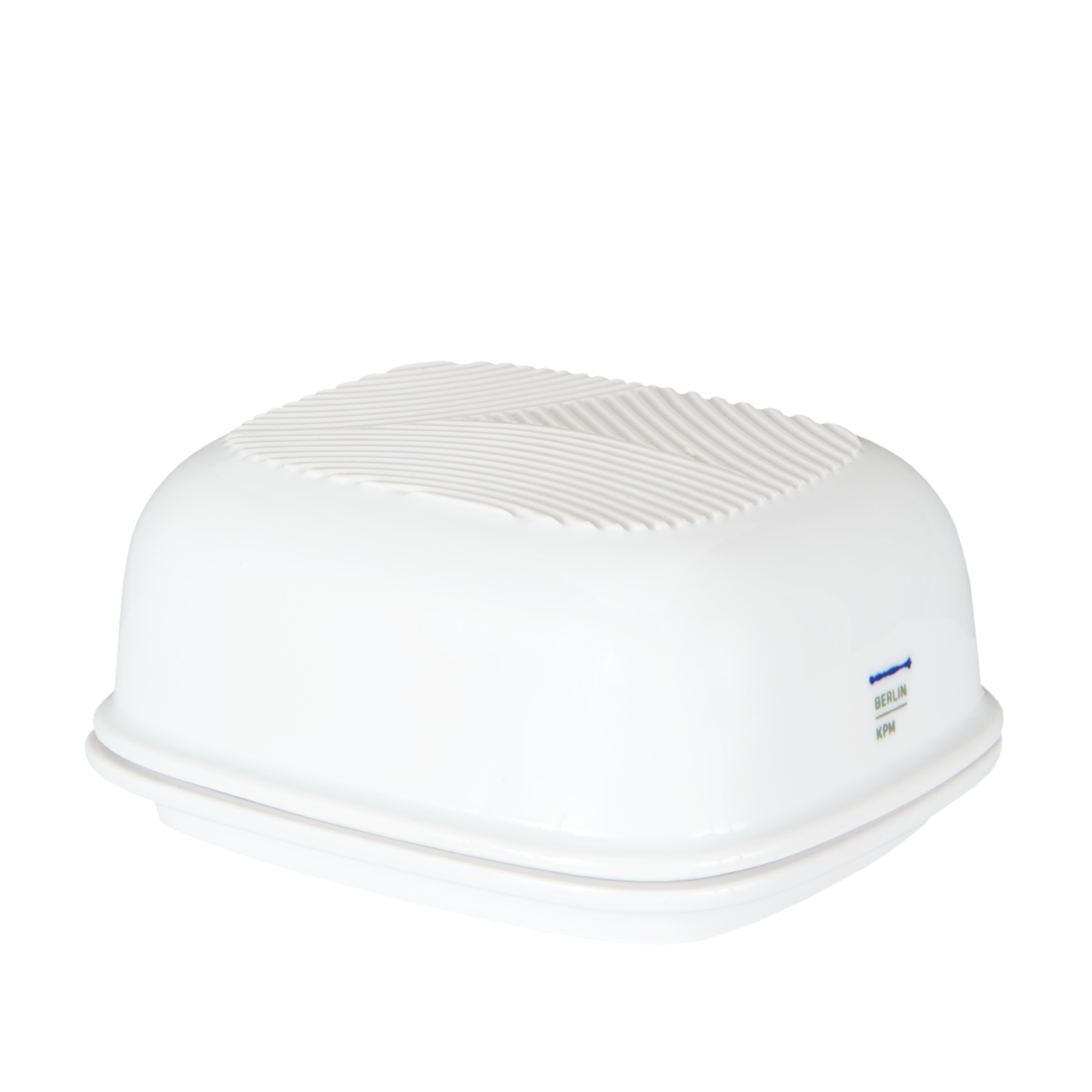 Die Abbildung zeigt eine Butterdose aus weißem Porzellan mit schlichtem Design. Sie ist als „Butterdose im Geschenkkarton LAB Weiss“ bezeichnet.