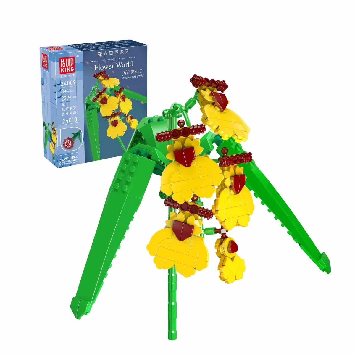 Das Bild zeigt das Produkt "Mould King® 24009 Goldene Orchidee" als Bausatz aus bunten Bausteinen. Im Hintergrund ist die Verpackung mit einer Abbildung der fertigen Orchidee zu sehen.