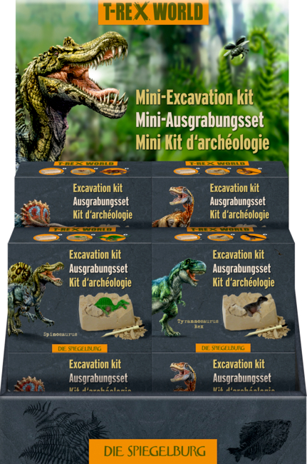 Abgebildet ist das T-Rex World Mini-Ausgrabungsset Dino-Figur. Es handelt sich um ein spaßiges Ausgrabungsset für kleine Entdecker.