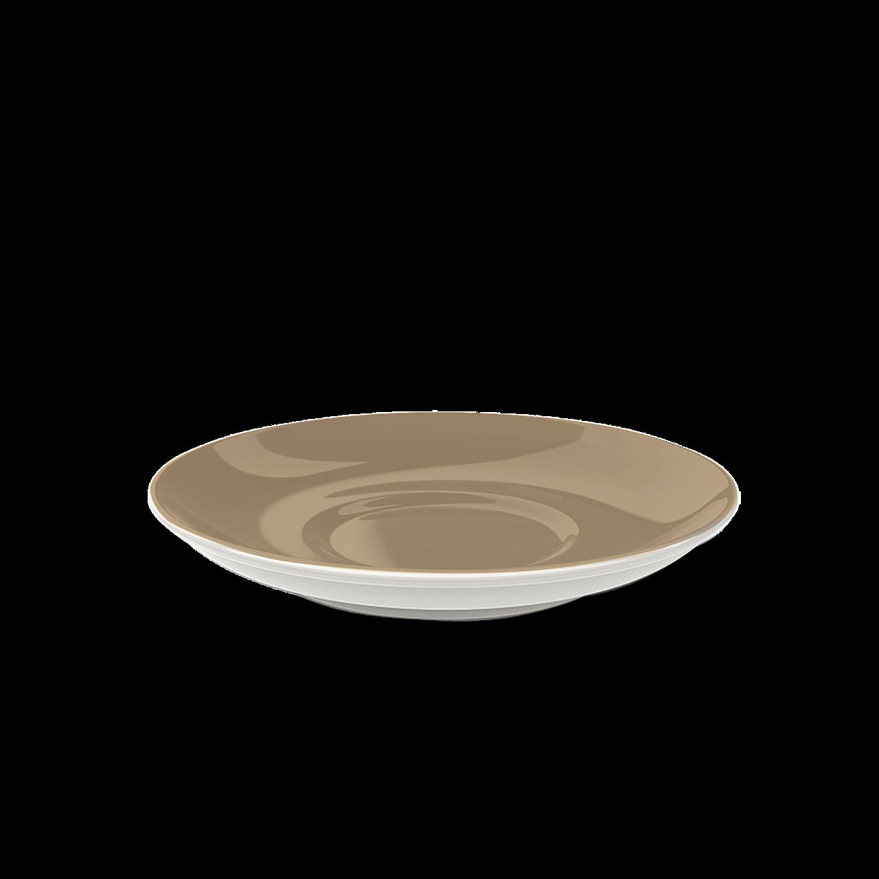 Das Bild zeigt eine Cappuccino-Untertasse mit einem Durchmesser von 16 cm in der Farbe Clay Solid Color. Die Untertasse hat einen schlichten, modernen Stil und ist in einem einfarbigen Ton gehalten.