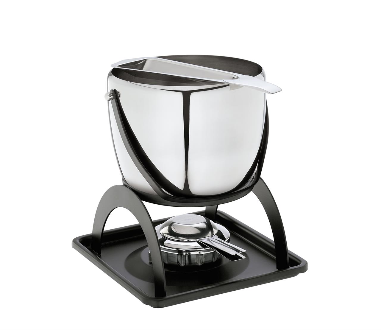 Das Bild zeigt das Set Feuerzangenbowle mit einem Durchmesser von 21 cm. Es besteht aus einem glänzenden Metalltopf, einem Gestell und einem Brenner darunter.