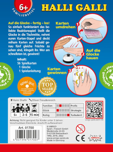 Auf dem Bild ist die Rückseite der Verpackung des Spiels "Halli Galli" zu sehen. Es zeigt eine kurze Spielanleitung mit Illustrationen und wichtigen Informationen zum Spiel.