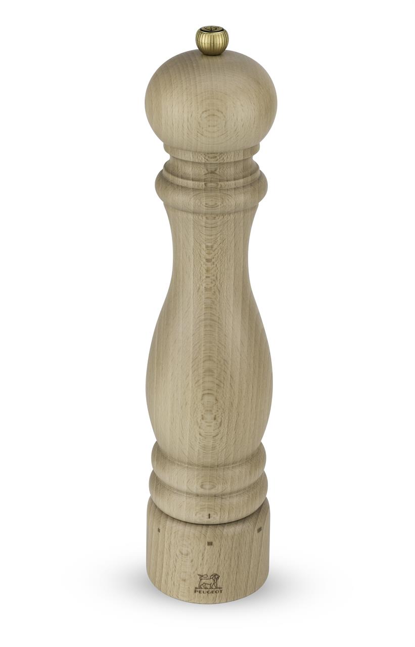 Auf dem Bild ist eine Pfeffermühle aus hellem Holz zu sehen. Sie ist 30 cm hoch und hat eine klassische, elegante Form.