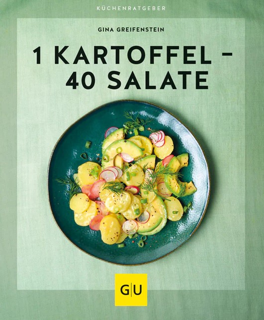 Das Bild zeigt das Produkt '1 Kartoffel - 40 Salate'. Es enthält mehrere Rezeptideen für Kartoffelsalate.