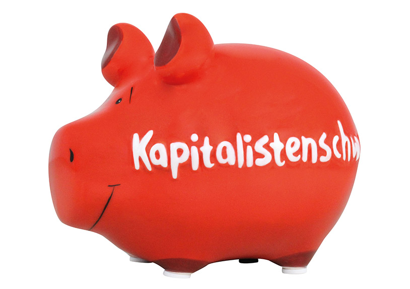 Auf dem Bild ist ein rotes Sparschwein zu sehen. Auf der Seite steht in weißen Buchstaben das Wort "Kapitalistenschwein".
