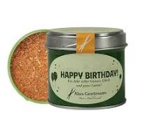 Die Abbildung zeigt eine Geschenkdose mit der Aufschrift "Happy Birthday" und enthält 80g Römergewürz. Der Deckel ist abgenommen und das Gewürz ist zu sehen.