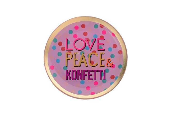Love Plates, Glasteller M, Motiv: Love, Peace & Ko ist ein mittelgroßer Glasteller. Das Design zeigt die Botschaft von Liebe und Frieden.