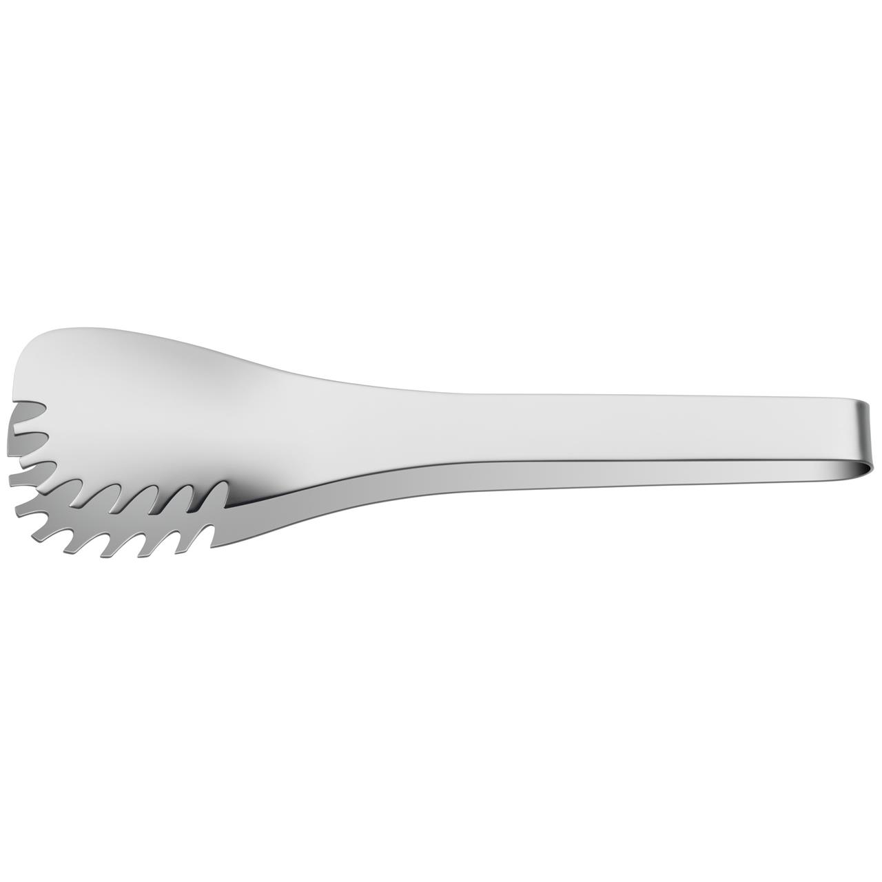 Das Bild zeigt die Pastazange Nuova aus Edelstahl. Sie hat gezackte Enden, die perfekt zum Greifen von Pasta geeignet sind.