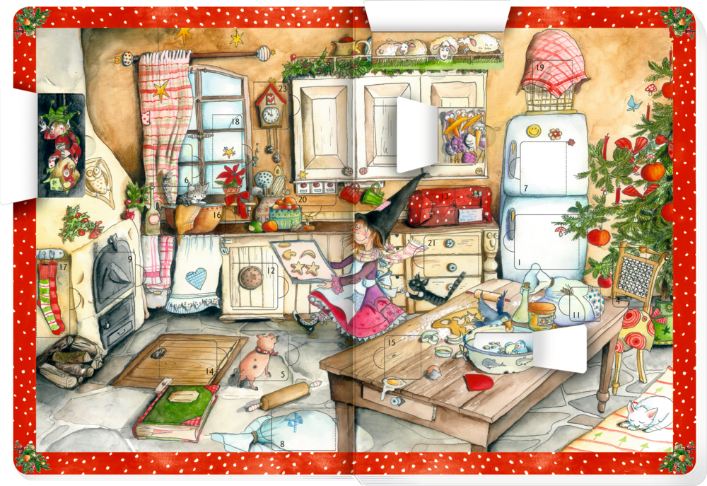 Das Bild zeigt das aufgeklappte Buch 'In Der Weihnachtsbäckerei - Buch Mit Adventskalend'. Es werden Illustrationen und Backideen zur Adventszeit vorgestellt.