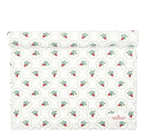 Auf dem Bild ist ein weißer Tischläufer mit Beerentönen namens Berry zu sehen. Er verschönert jeden Esstisch auf elegante Weise.