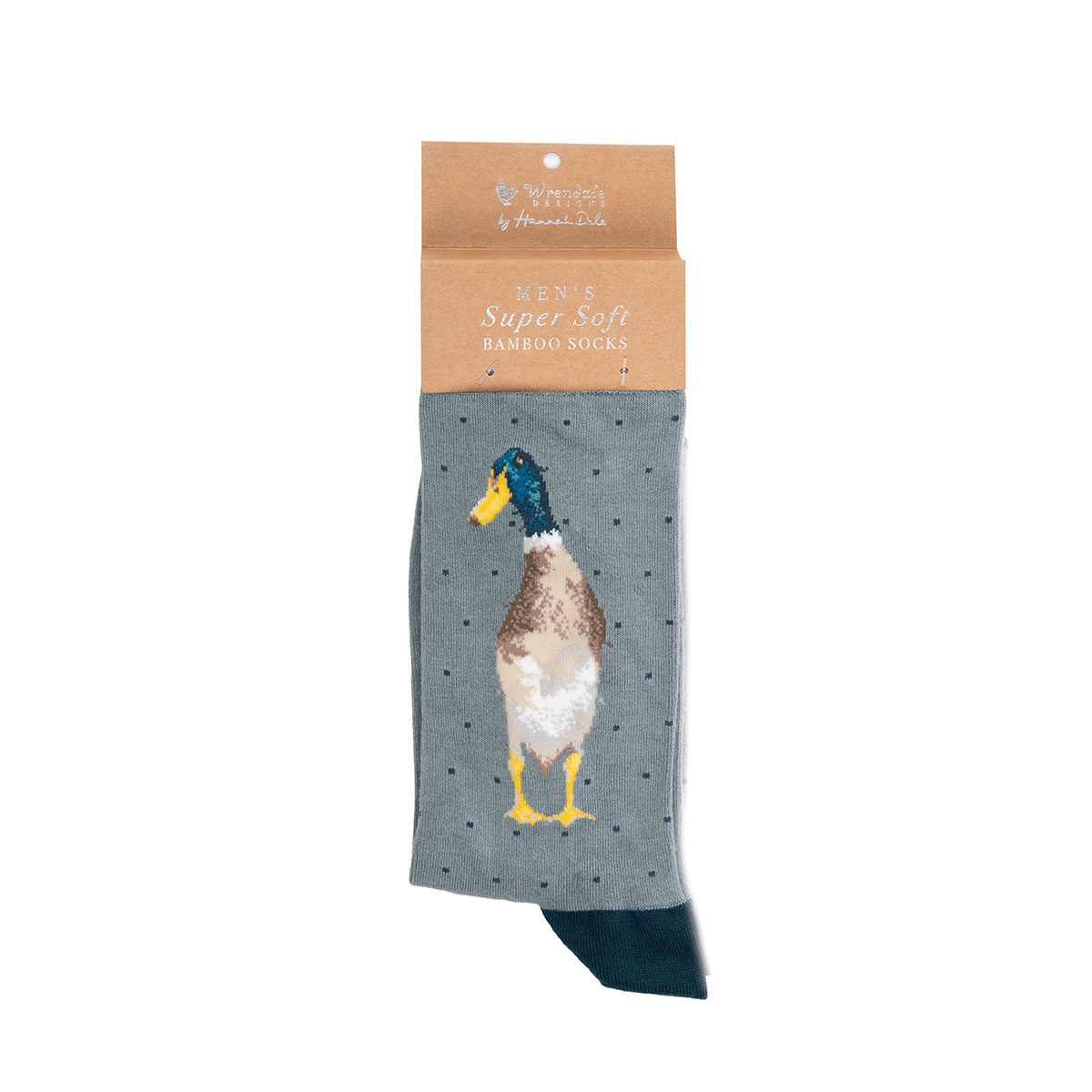 Die Abbildung zeigt ein Paar graue Herrensocken mit einem Entenmotiv auf der Vorderseite. Die Socken bestehen aus superweichem Bambusmaterial.