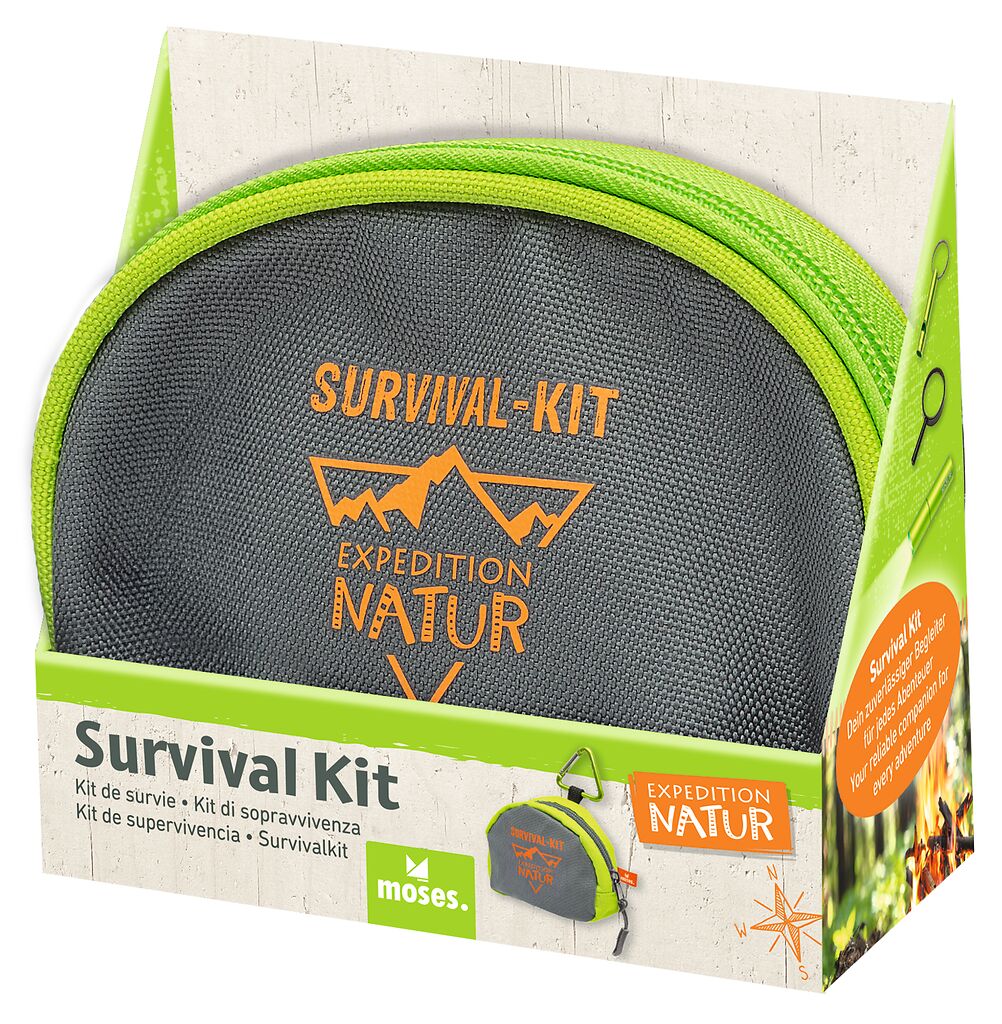 Gezeigt wird das 'Expedition Natur Survival-Kit'. Es handelt sich um ein Set mit verschiedenen Überlebenswerkzeugen für Outdoor-Abenteuer.