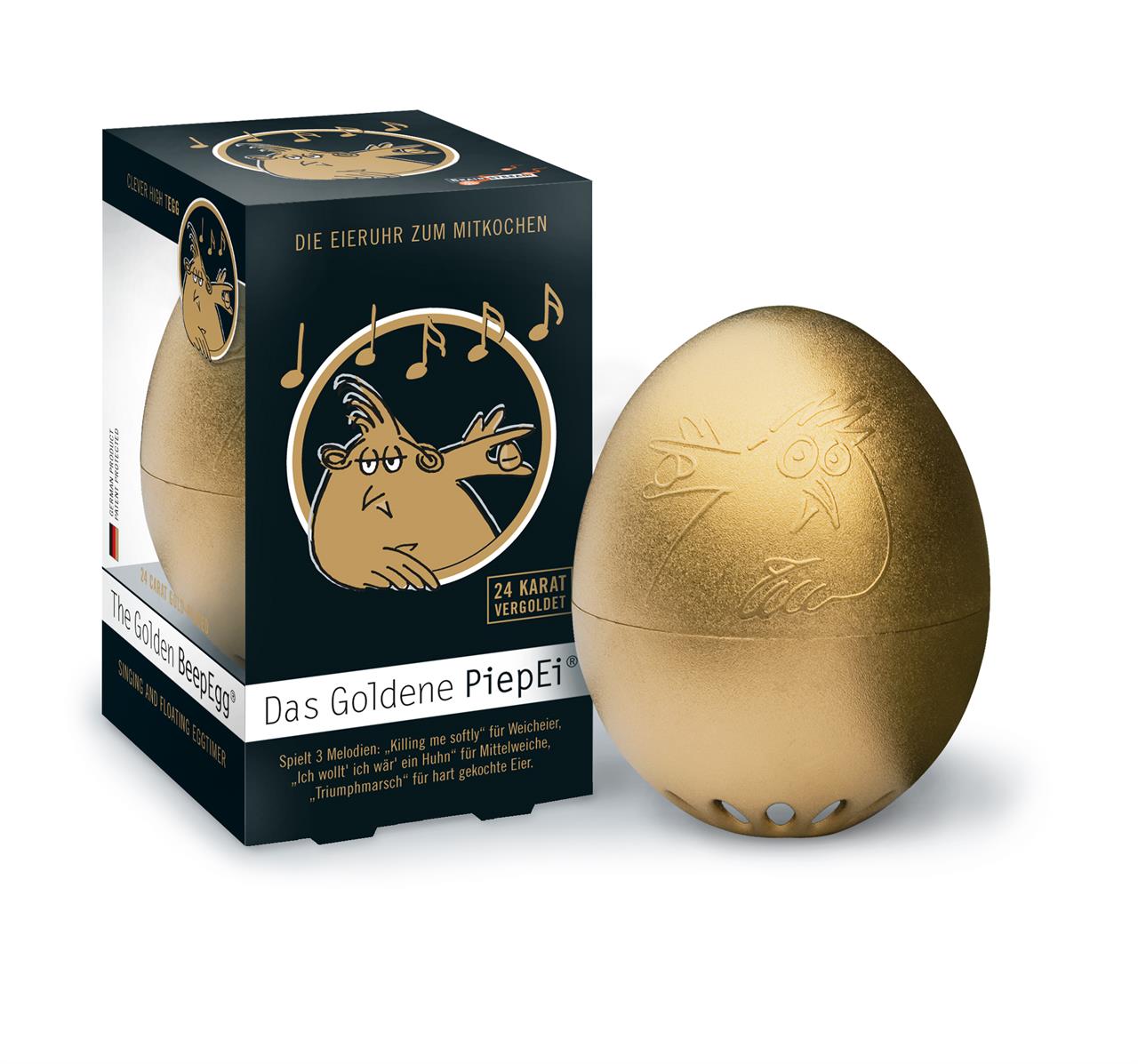 Das Bild zeigt das Produkt "PiepEi Gold", ein goldenes Ei mit einer lustigen Gravur. Die Verpackung hebt hervor, dass das Ei beim Kochen mitgekocht wird und Musik abspielt.
