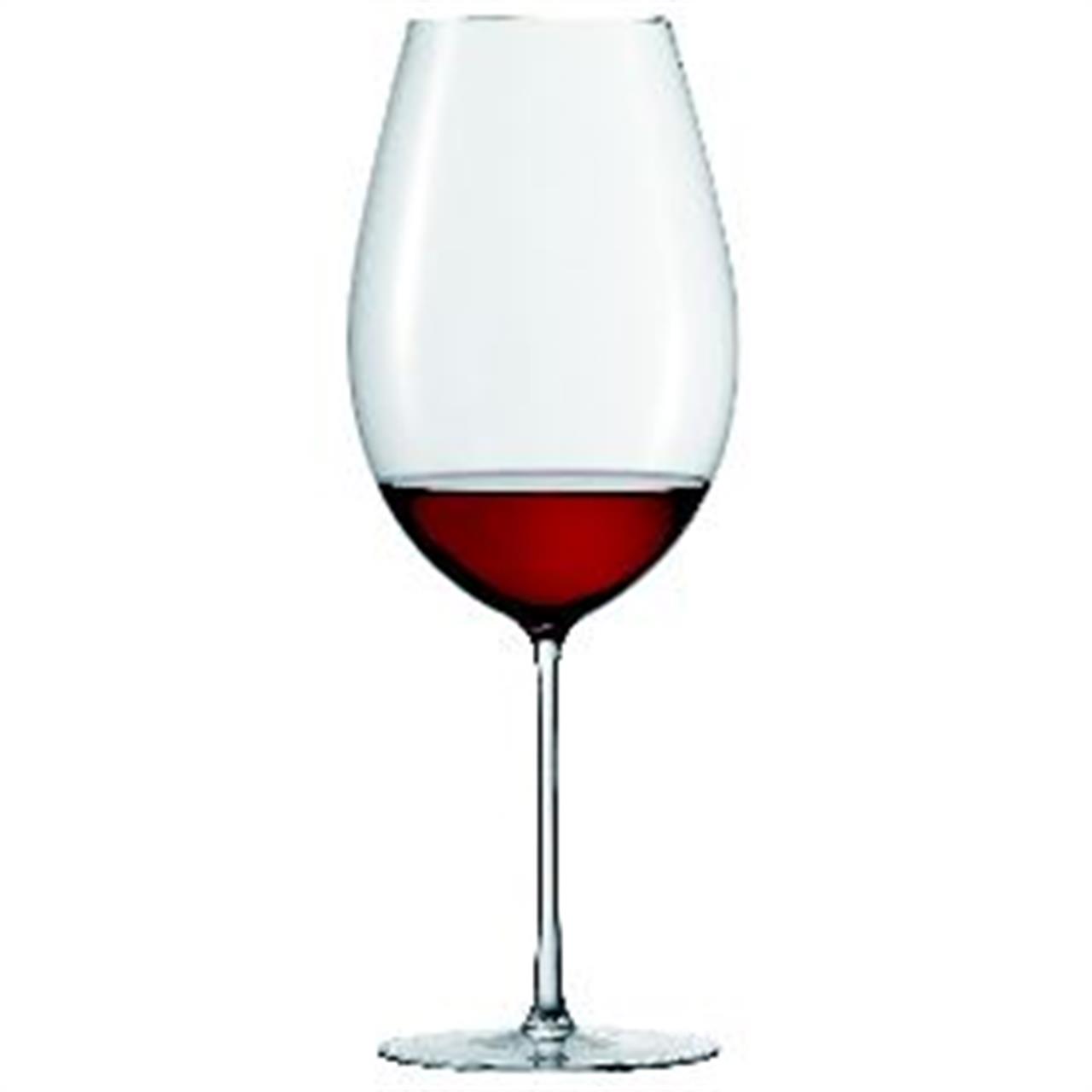 Das Bild zeigt ein Bordeaux Premier Cru Weinglas mit 1012 ml Fassungsvermögen von Enoteca. Im Glas befindet sich etwas Rotwein.