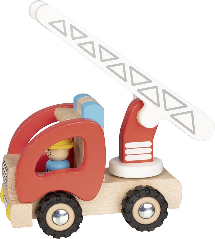 Das Bild zeigt einen Feuerwehr Leiterwagen aus Holz als Spielzeug. Er hat eine ausziehbare Leiter und einen kleinen Feuerwehrmann als Figur.
