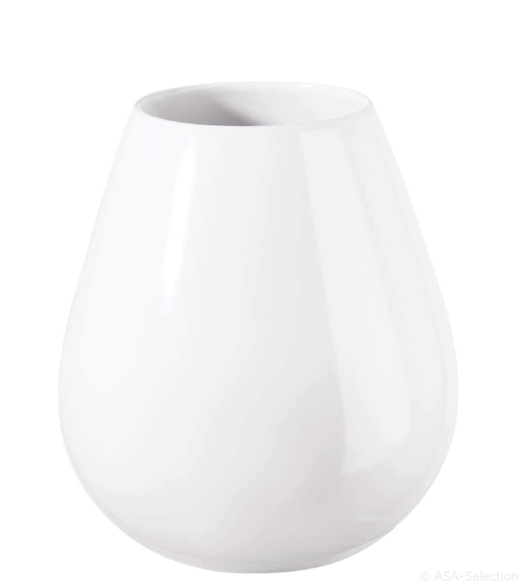 Die Abbildung zeigt eine Vase in Tropfenform. Sie ist weiß und hat eine Höhe von 18 cm sowie einen Durchmesser von 9 cm.