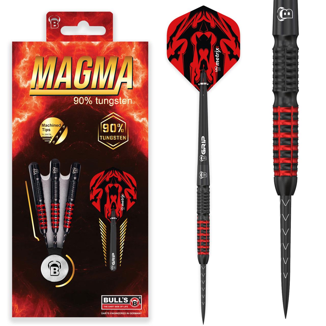 Das Bild zeigt das Produkt "BULL'S® Magma Steel Dart 23g" mit einer auffälligen roten und schwarzen Verpackung. Der Dart besteht zu 90 % aus Tungsten und hat ein modernes, griffiges Design.