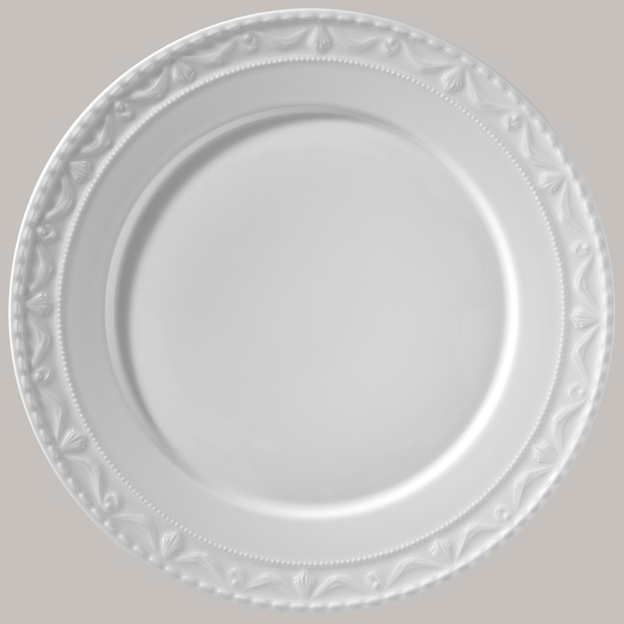 Der Teller auf dem Bild ist ein weißer Gourmetteller mit einem Durchmesser von 30 cm. Er hat einen dekorativ verzierten Rand im Kurland-Design.