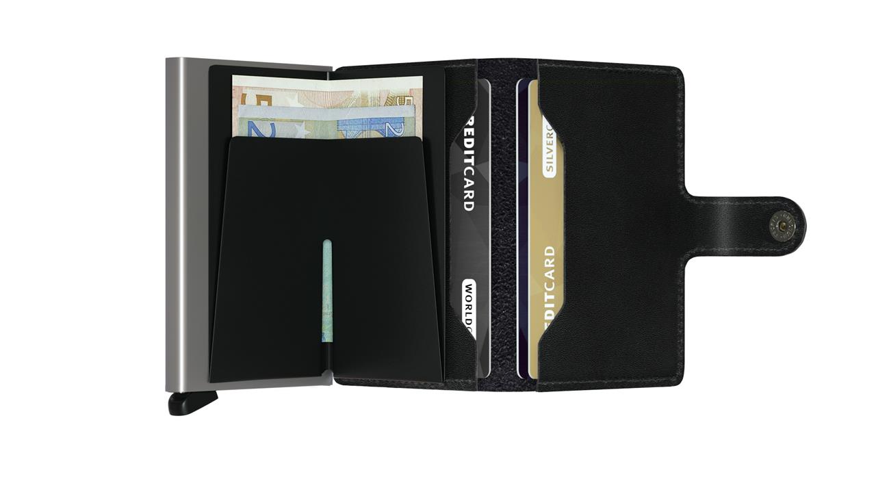 Das Bild zeigt das geöffnete Miniwallet Original Black mit mehreren Geldscheinen und Kreditkarten. Die Geldbörse ist schwarz und hat ein kompaktes, modernes Design.