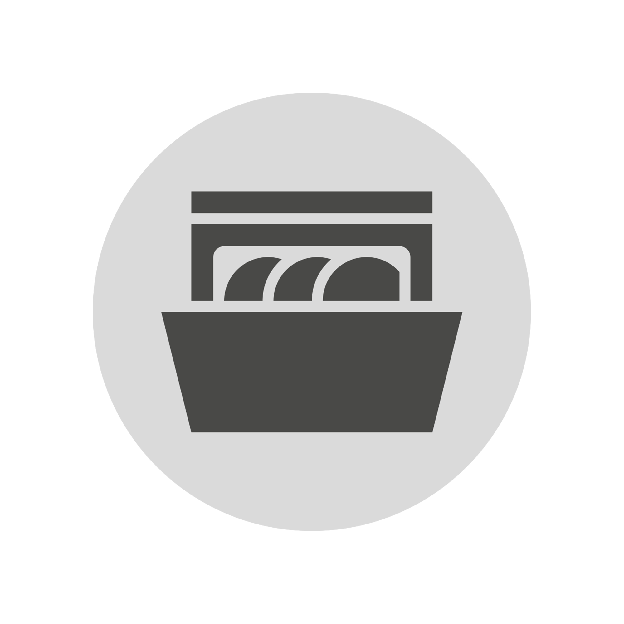 Das Bild zeigt ein Symbol für eine Geschirrspülmaschine. In der Mitte sind stilisierte Teller in einer Maschine zu sehen.