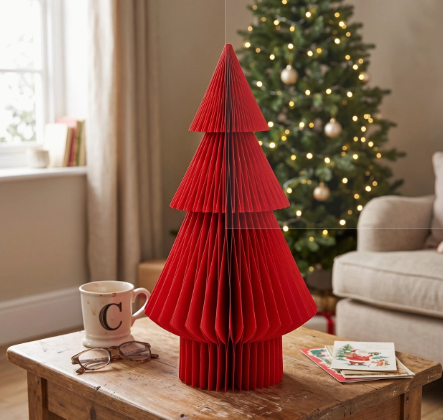 Abgebildet ist ein roter Tannenbaum aus Papier/Pappe in der Größe 20x38x20 cm. Die Dekoration ist auffällig und ideal für die Weihnachtszeit.