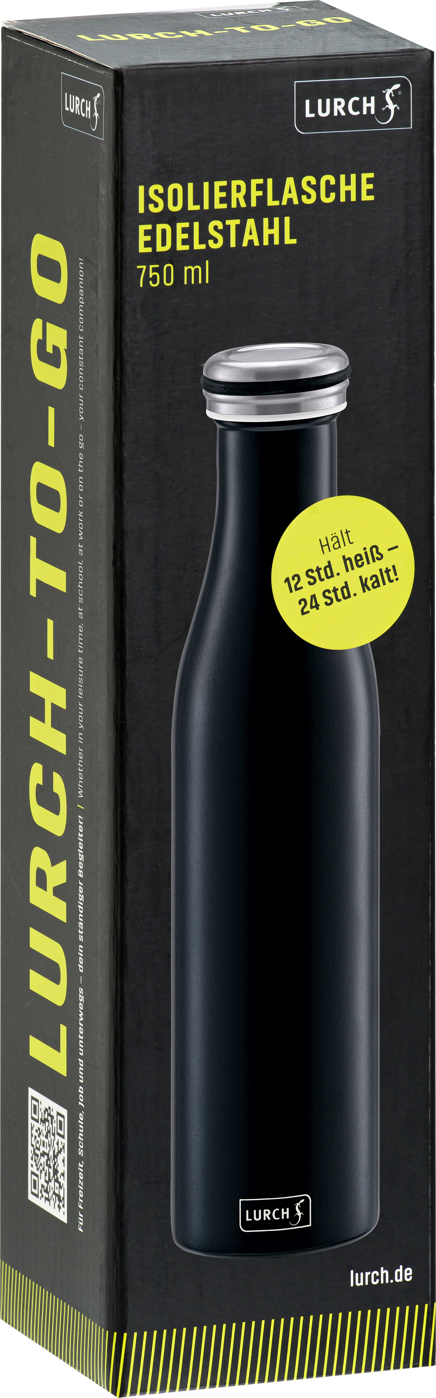 Die Isolier-Flasche aus Edelstahl fasst 1 Liter und ist mattschwarz. Ideal geeignet zum Mitnehmen von heißen oder kalten Getränken.