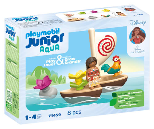 Das Bild zeigt eine Playmobil Junior Aqua Spielzeugbox mit einer Disney-Prinzessin auf einem Boot. Auf dem Boot sind außerdem zwei Tierfiguren und ein Segel mit rotem Muster.
