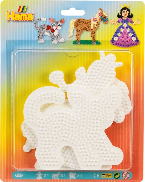 Das Bild zeigt ein Hama-Set mit Stiftplatten in den Formen Katze, Pferd und Prinzessin. Die Stiftplatten sind weiß und werden in einer bunten Verpackung präsentiert.