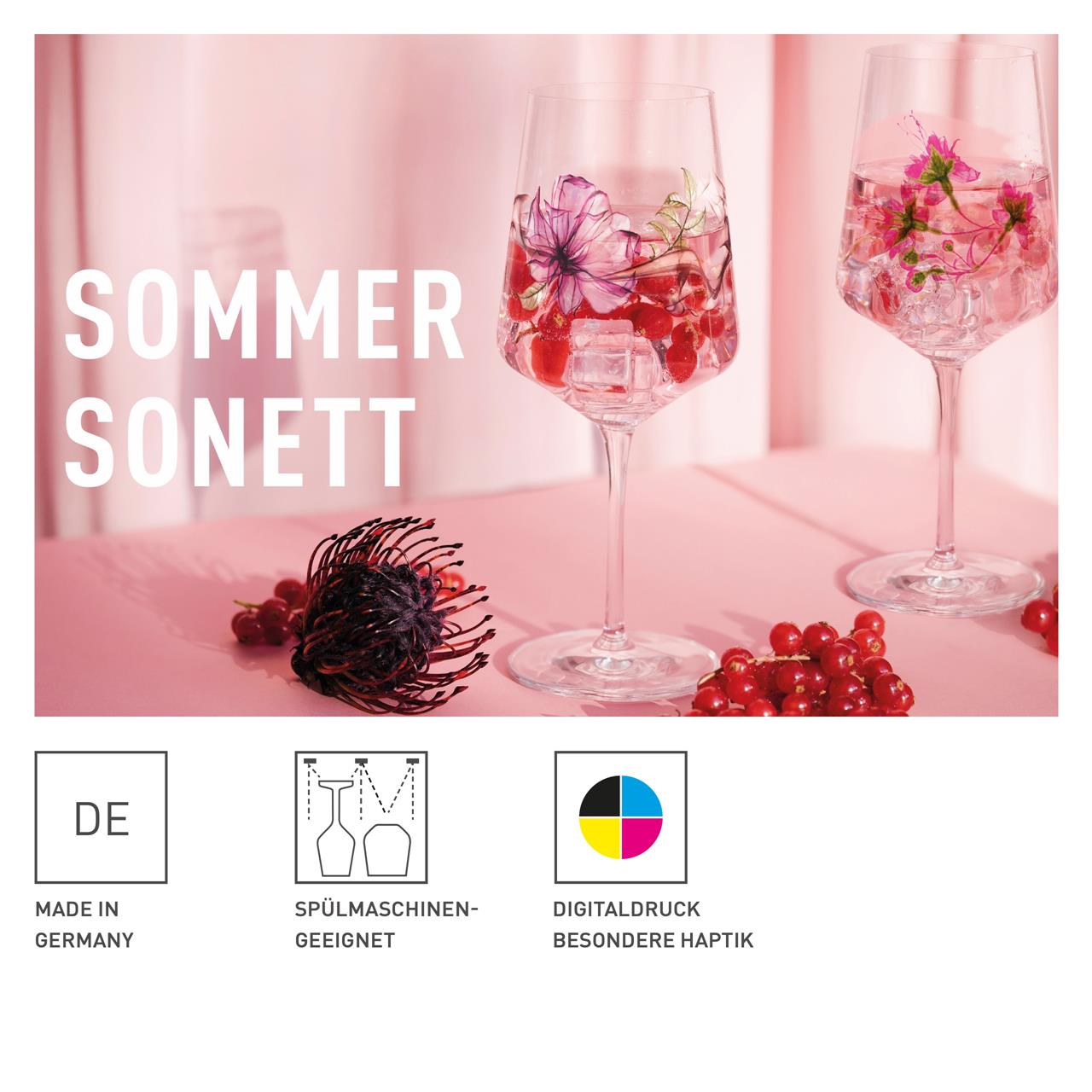 Das Bild zeigt zwei dekorative Weingläser mit Blumen- und Beerenmotiven, gefüllt mit Eis und roten Beeren. Unten sind Symbole zu sehen, die auf Herstellung in Deutschland, Spülmaschineneignung und besondere Haptik durch Digitaldruck hinweisen.