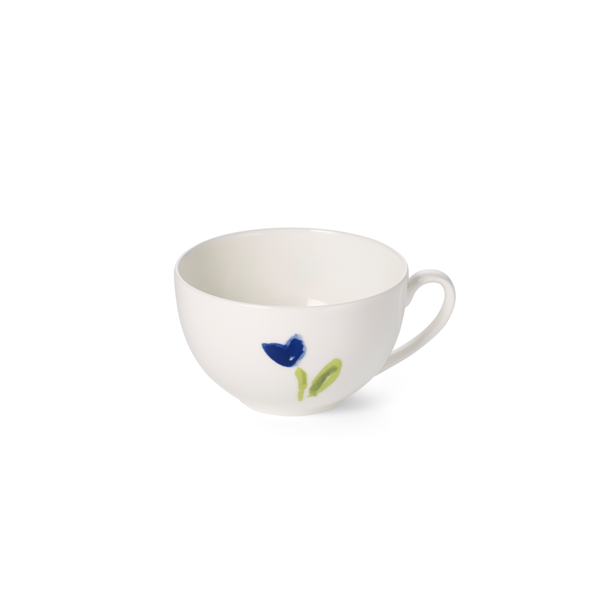 Eine Kaffee Obertasse mit 0,25 l Fassungsvermögen in rundem Design. Das Motiv zeigt Impression Blume Blau.