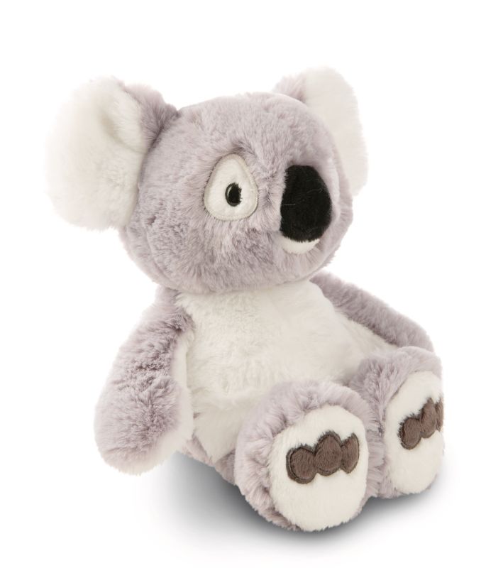 Das Bild zeigt ein Kuscheltier in Form eines Koalas mit dem Namen Barry, das 18 cm groß ist. Der Koala ist flauschig, grau-weiß und hat schlenkernde Gliedmaßen.