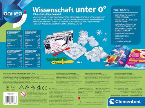 Das Bild zeigt die Rückseite eines Wissenschaftssets mit dem Titel "Wissenschaft unter 0°". Abgebildet sind verschiedene Experimentiermaterialien, Eisformen und eine Anleitung.