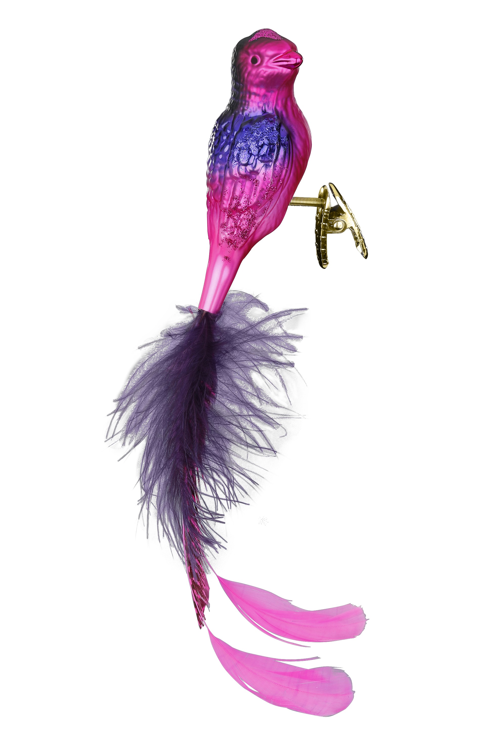 Zu sehen ist ein Phantasievogel mit einer Länge von 10 cm. Das Produkt stellt einen fantasievoll gestalteten Vogel dar.