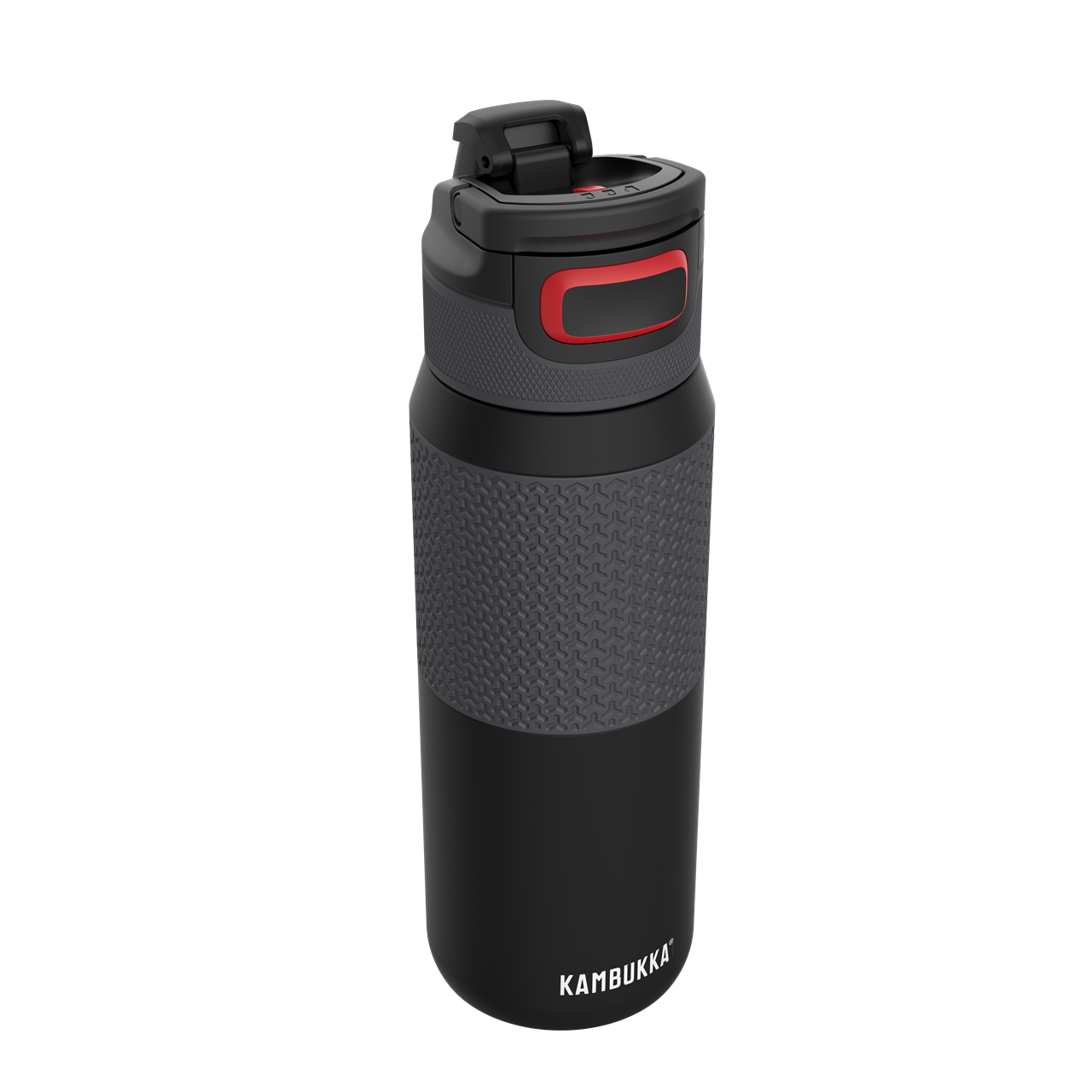 Die Abbildung zeigt die Trinkflasche „Elton Insulated 750ml Nightfall 3.0“ von Kambukka. Die Flasche ist schwarz und besitzt einen roten Verschlussknopf sowie eine strukturierte Griffzone.