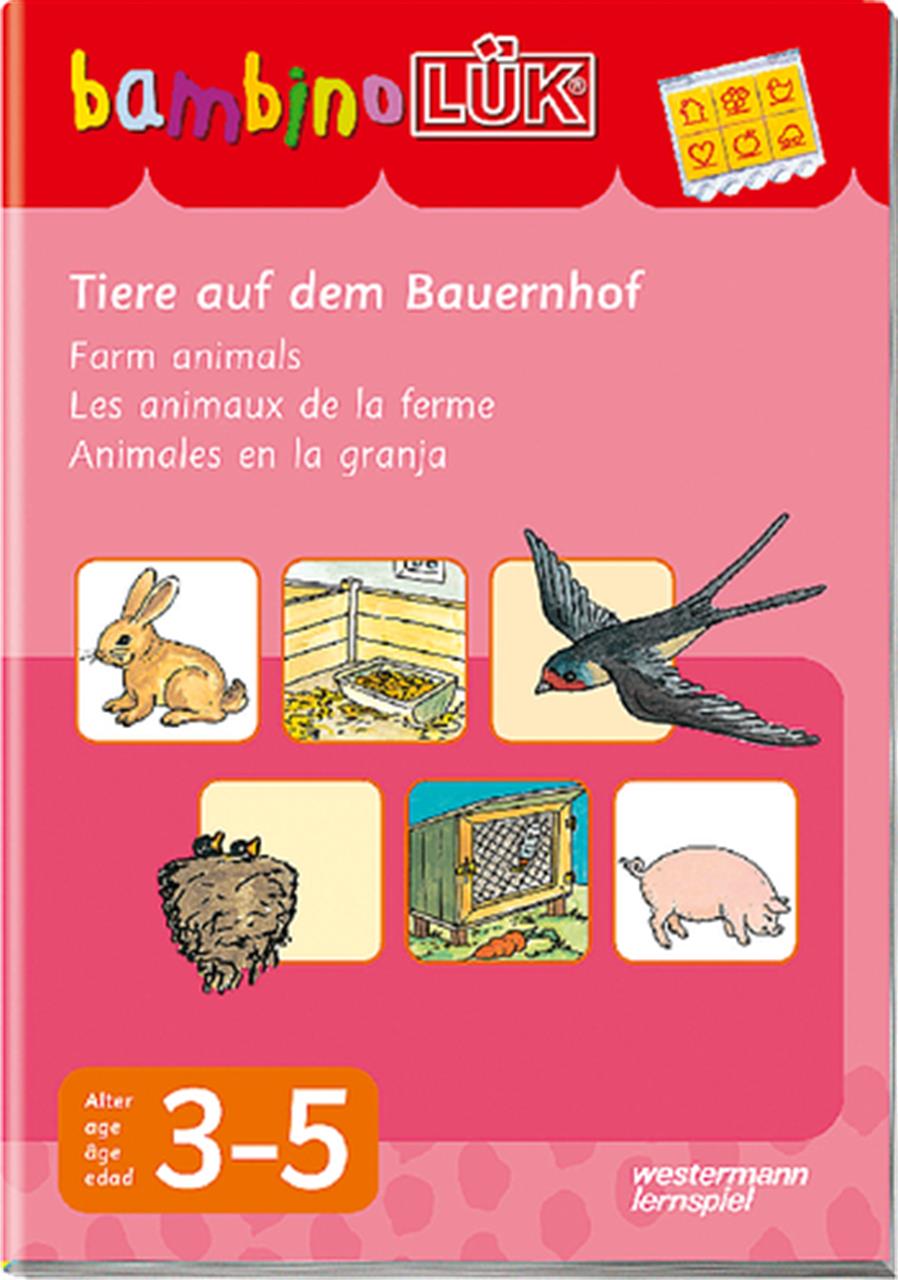 Das Bild zeigt das Lernspiel „bambinoLÜK® Tiere auf dem Bauernhof“ für Kinder im Alter von 3 bis 5 Jahren. Auf dem Cover sind verschiedene Bauernhoftiere und deren Behausungen abgebildet.