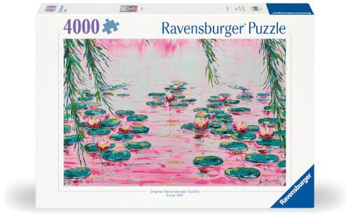 Auf dem Bild ist eine Ravensburger Puzzlebox mit 4000 Teilen zu sehen. Das Motiv zeigt einen bunten Teich mit Seerosen und hängenden Zweigen.