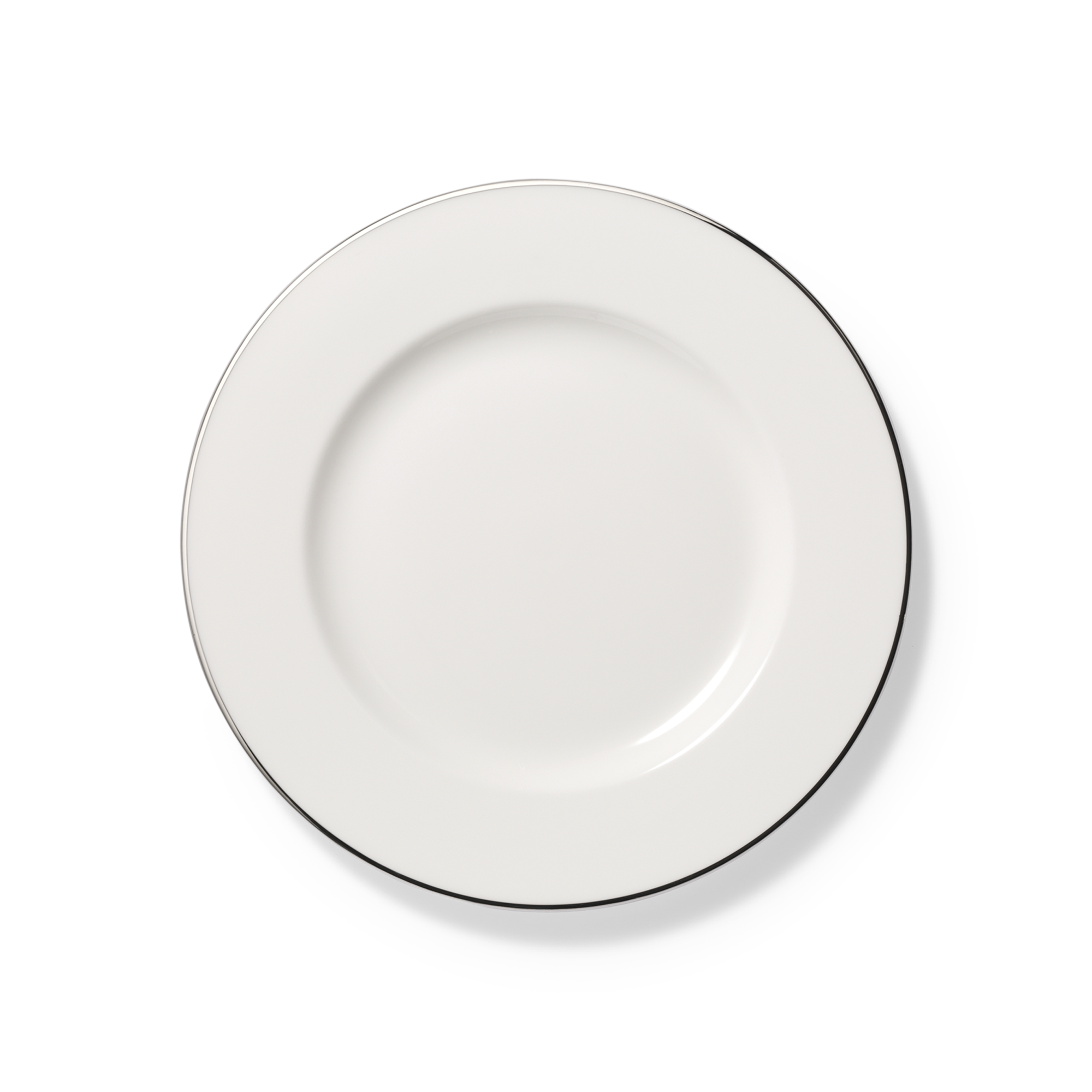Ein flacher Teller mit einem Durchmesser von 26,5 cm aus der Platin Lane Classic Fine Bone Kollektion ist abgebildet. Es handelt sich um einen eleganten Teller für den gedeckten Tisch.