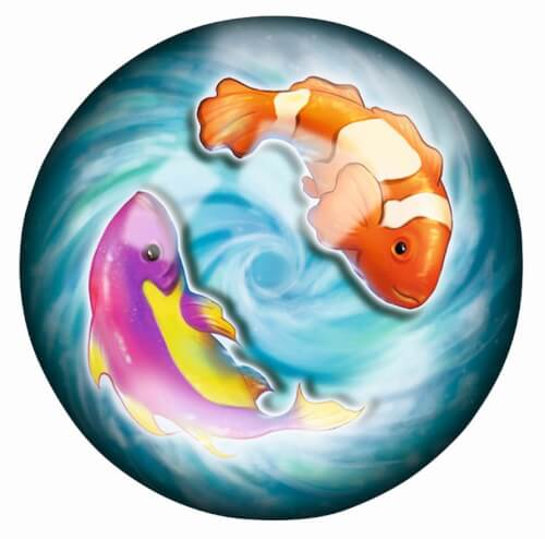 Auf dem Bild sind zwei bunte Fische zu sehen, die in einem Wirbel schwimmen. Einer der Fische ist orange-weiß und der andere ist lila-gelb.