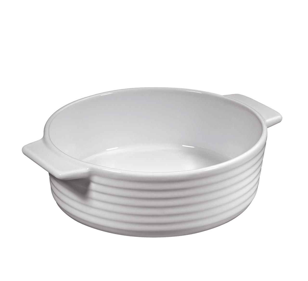 Die Abbildung zeigt eine runde, weiße Gratinform mit einem Durchmesser von 16 cm aus der Serie Burgund. Sie hat zwei seitliche Griffe und ist mit feinen Rillen versehen.