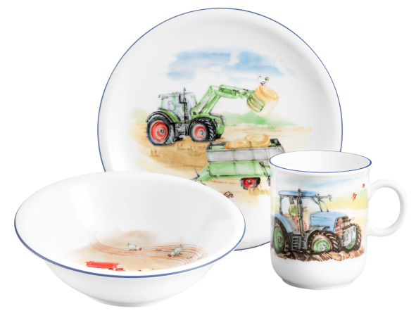Ein 3-teiliges Kinderset mit dem Motiv „Mein Traktor“. Dieses Set eignet sich hervorragend für kleine Kinder.