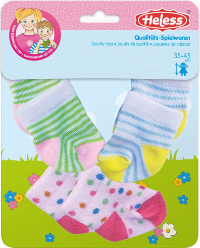 Auf dem Bild sind drei Paar bunte Puppensocken abgebildet. Die Socken sind gestreift oder gepunktet und sind für Puppen mit einer Größe von 35-45 cm geeignet.
