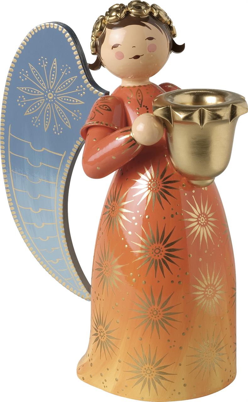 Die Figur zeigt einen reich bemalten Engel in orangefarbenem Gewand mit goldenen Mustern. Der Engel hält einen goldenen Lichtnapf und hat blau verzierte Flügel.
