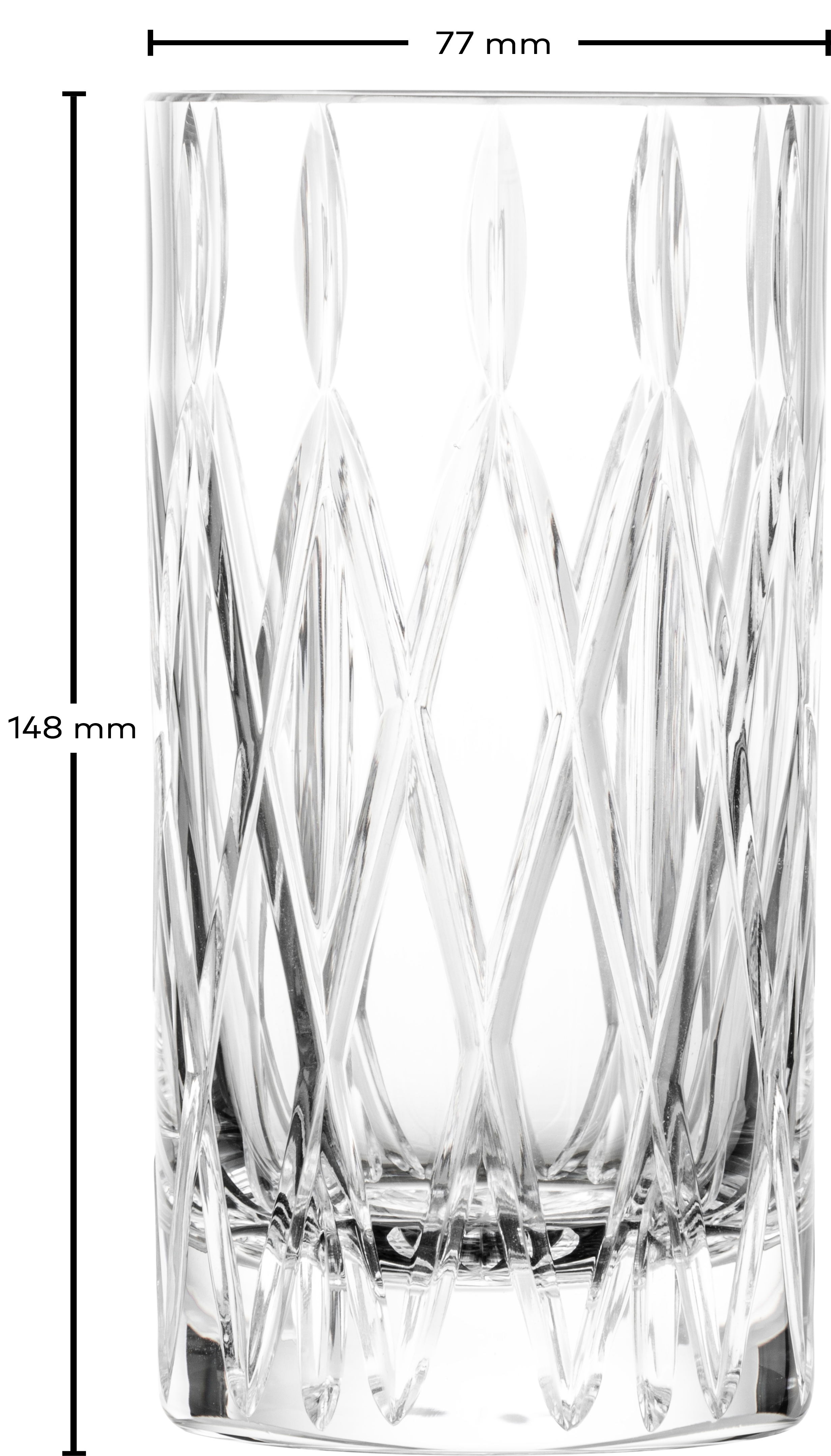 Das Bild zeigt ein Longdrinkglas mit einem dekorativen Schliffmuster. Das Glas ist 148 mm hoch und hat einen Durchmesser von 77 mm.
