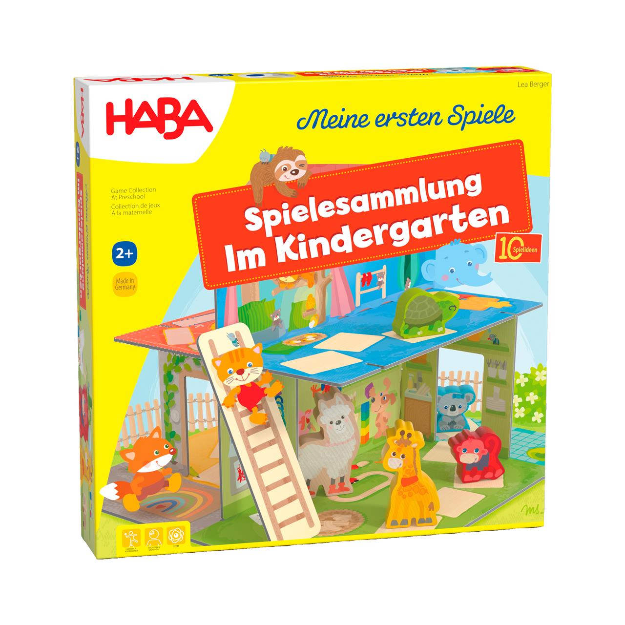 Die Verpackung zeigt das Spiel "Spielesammlung im Kindergarten - Meine ersten Spiele" von HABA. Auf dem Cover sind bunte Tierfiguren und ein Kindergarten-Spielhaus abgebildet.