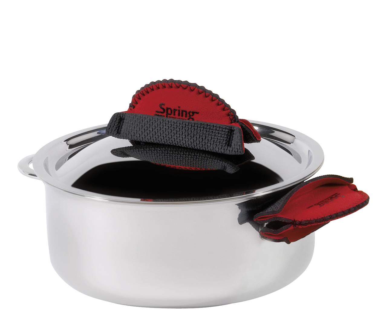 Das Bild zeigt einen Topf mit zwei roten Griffschutzpolstern. Die Griffschützer schützen die Hände vor Hitze beim Anfassen der Topfgriffe.