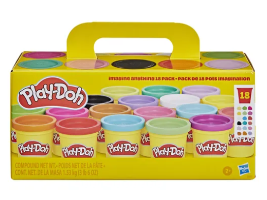 Auf dem Bild ist der Play Doh18er Fantasiepack zu sehen. Das Set bietet 18 verschiedene Play-Doh Farben für kreatives Spielen.