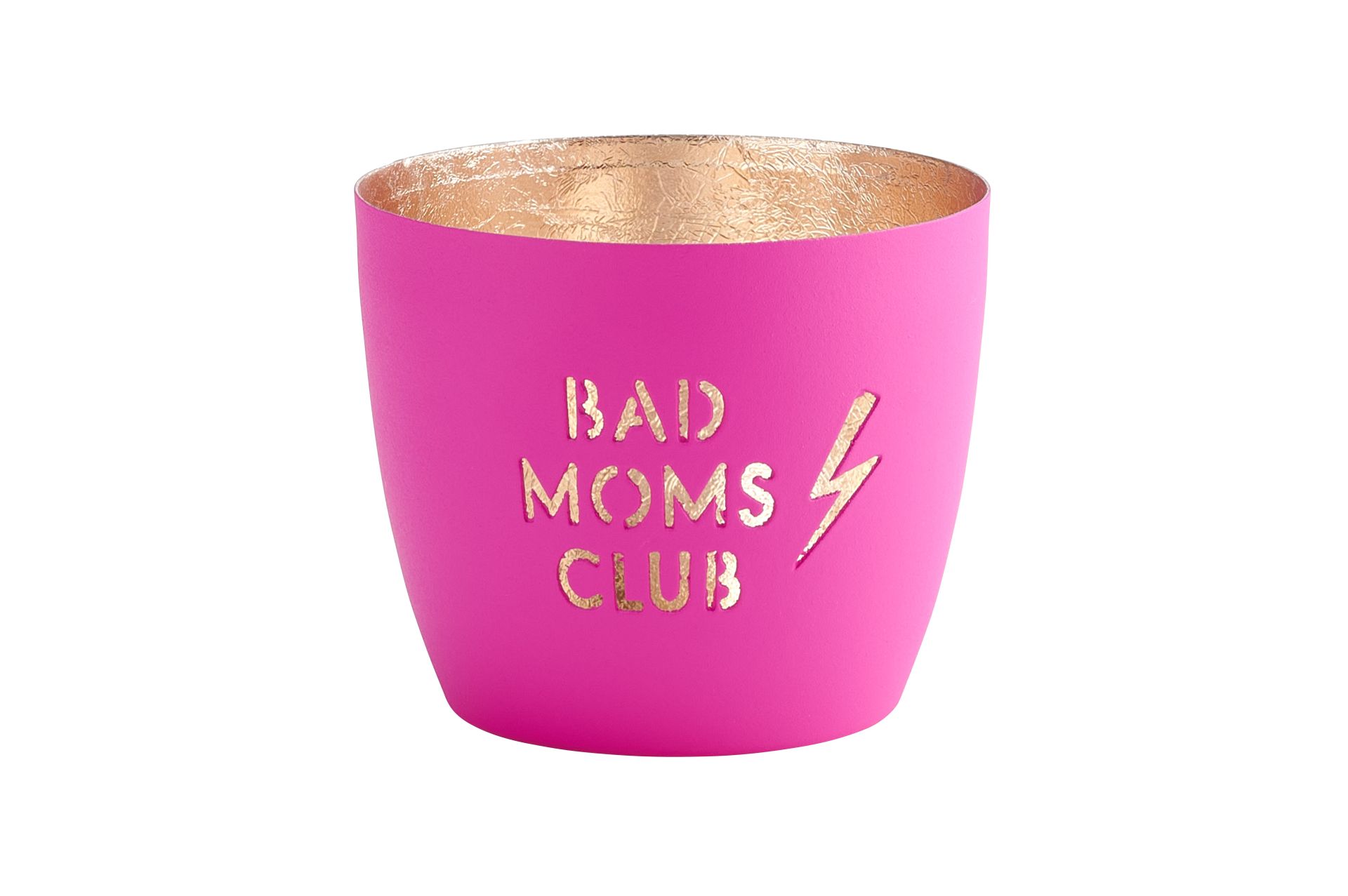 Madras Windlicht in Größe M mit dem Schriftzug 'Bad moms club' in Neonpink. Ein trendiges Accessoire für selbstbewusste Mütter.