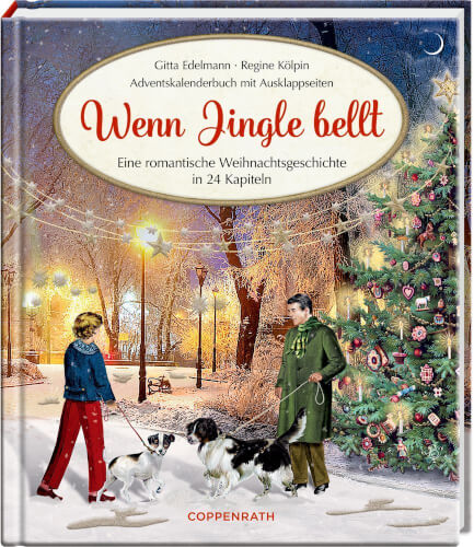Auf dem Buchcover sieht man zwei Frauen mit zwei Hunden, die sich in einem verschneiten Park treffen. Rechts steht ein geschmückter Weihnachtsbaum, und im Hintergrund leuchten Laternen.