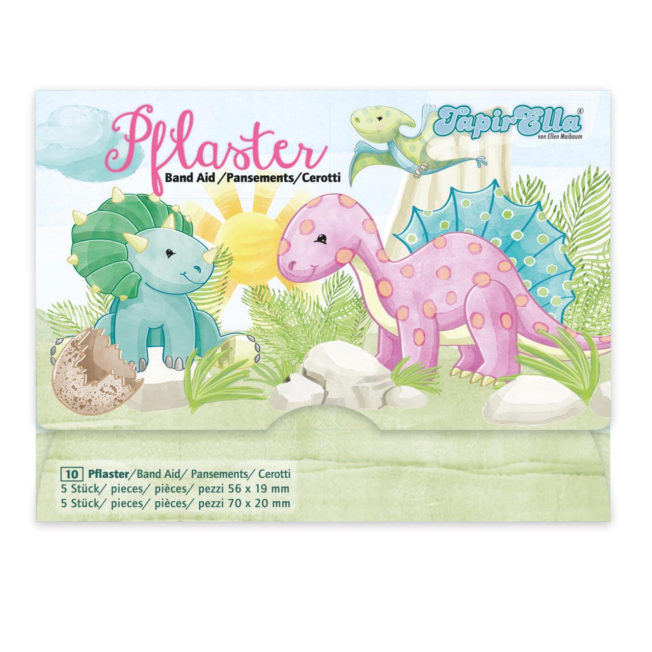 Das Bild zeigt eine Packung Pflaster mit niedlichen, bunten Dinosauriern auf der Vorderseite. Im Hintergrund sieht man eine Sonne, Pflanzen und weitere kleine Dinofiguren.